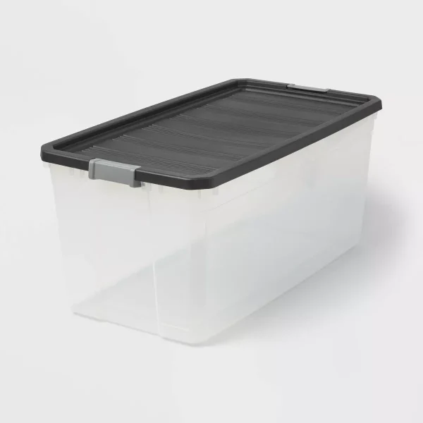 200qt Heavy Duty Latching Clear Storage Box: Portable Black Utility Bin with Lid, 200qt Capacity